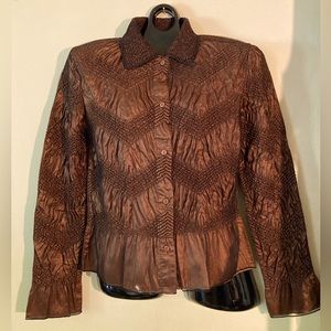 Black Mesh Over Chocolate ZigZag Crinkle Blouse Stretchy Small